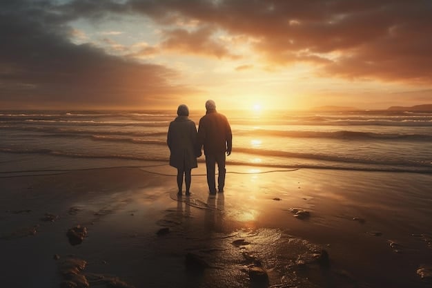 A serene image of a senior couple walking on a beach during sunset, symbolizing retirement and financial planning. The scene includes calm waters and a warm sky, reflecting the peace and security of a well-managed retirement fund.
