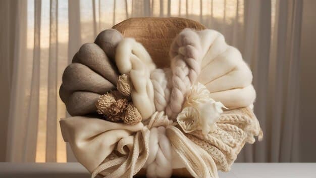 Close-up shot of various lightweight fabrics such as linen, cotton, and silk arranged on a table. The fabrics are in pastel colors like light blue, soft pink, and pale yellow. Sunlight streams through a window, highlighting the textures of the fabrics.