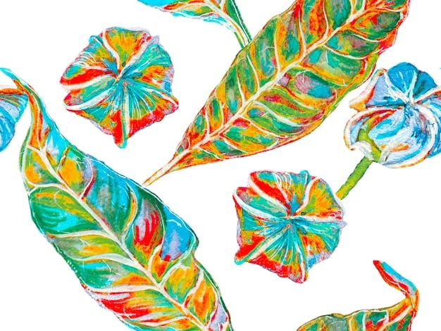 A silk scarf featuring a detailed tropical foliage print. The colors are rich and saturated, with shades of green, yellow, and red. The design includes various types of leaves and flowers, creating a sense of depth and texture.