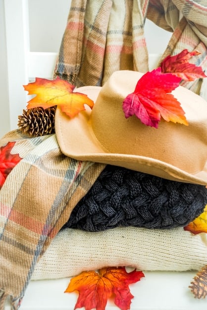 A close-up shot of various fall clothing items neatly stacked, including a flannel shirt, a cable-knit sweater, a denim jacket, and a scarf, showcasing different textures and colors perfect for layering.
