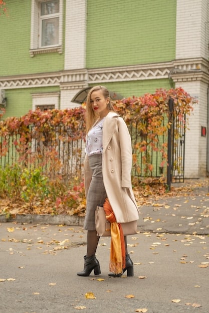 A full-length shot of a person dressed in a semi-formal fall outfit, including a blazer, a button-down shirt, tailored trousers, and ankle boots, showcasing a stylish and sophisticated layered look suitable for a business casual setting.