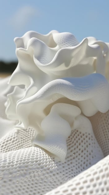 A variety of lightweight summer fabrics displayed, including white linen, seersucker cotton, and flowing rayon. Soft sunlight filters through, highlighting the airy quality of these materials.