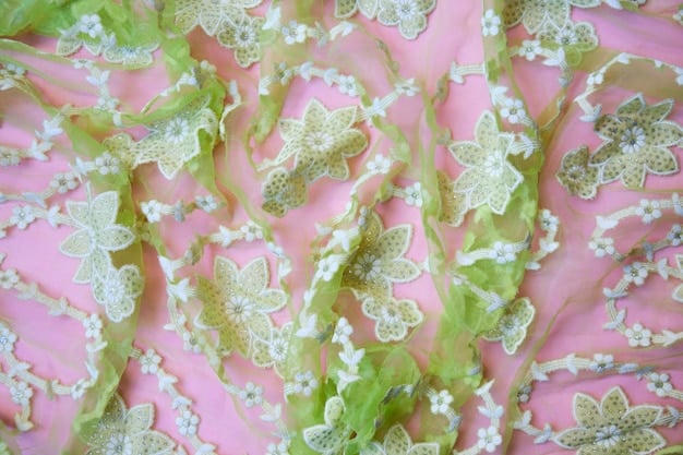 A close-up shot of a light pastel dress with a delicate floral print in shades of pink, lavender, and light green. The fabric is soft and flowing, and the flowers are small and intricate.