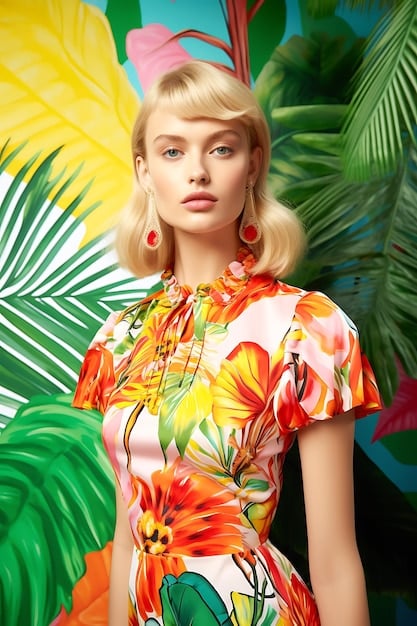 A woman wearing a flowing maxi dress with a vibrant tropical print featuring bold colors like turquoise, fuchsia, and yellow on a white background. She is standing on a sandy beach with clear blue water in the background.