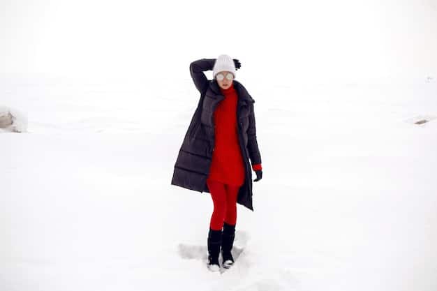 A woman bundled up in a stylish winter coat, scarf, hat, and gloves, walking down a snowy street, showcasing affordable winter fashion.