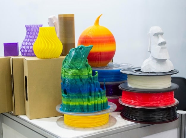A display of various sustainable materials for 3D printing, including filaments made from recycled plastic, algae, and wood pulp. The materials are presented in a visually appealing way, highlighting their textures and colors.