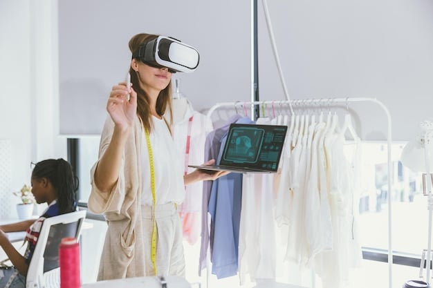 A digital fashion designer working on a virtual clothing item using advanced 3D modeling software, surrounded by holographic design interfaces in a futuristic studio setting.
