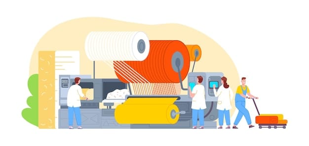 Illustration of workers in a textile factory scanning fabric rolls with smartphones, each scan updating a blockchain ledger to track inventory and origin of materials, ensuring transparency and accountability in the supply chain.