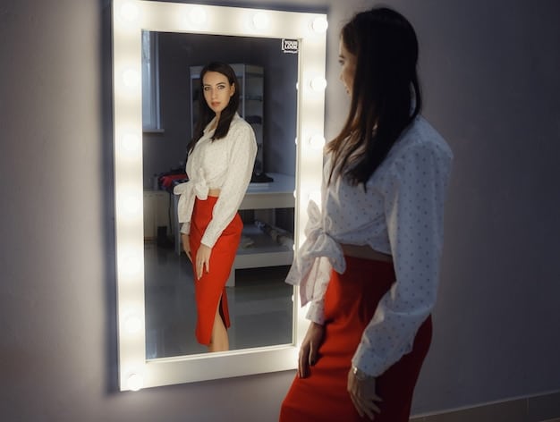 A close-up of an AR mirror screen showing a customer's reflection with a digital dress overlaid. The dress fits realistically, and the mirror displays options to change the color and size of the garment. The interface is intuitive and user-friendly.