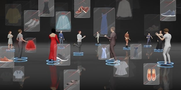 A graphic representation of an AI algorithm analyzing fashion data, showing connections between various datasets like social media, e-commerce, and runway shows.