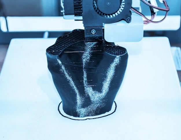 Close-up of a robotic arm precisely stitching fabric with intricate patterns, illustrating the automation of detailed sewing tasks. The environment is brightly lit with state-of-the-art machinery in the background.