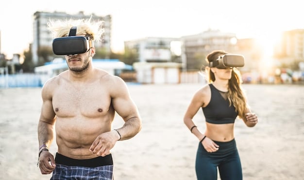 A runner wearing smart shorts with embedded sensors tracking muscle activity and form, displayed on a heads-up display in their smart glasses during a marathon.