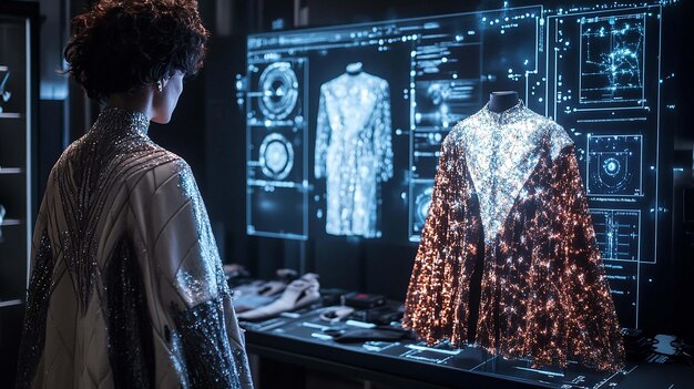 Close-up of a computer screen showing an AI interface generating different iterations of a dress design based on designer-specified parameters. The interface includes options for color, fabric, and pattern customization.