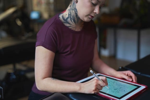 A designer using a tablet to view an AI-optimized pattern layout on a roll of fabric in a cutting room. The AI interface highlights areas of minimal waste and suggests adjustments to optimize fabric use.