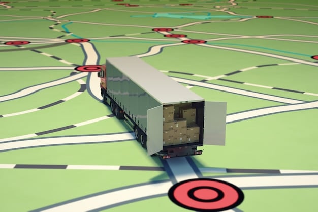 A map showing optimized delivery routes for trucks using a smart logistics platform, with real-time updates on traffic conditions and arrival times.