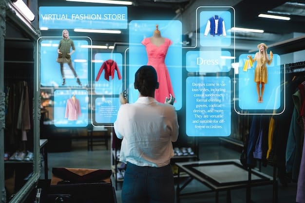 An AI interface in a fashion retail setting, displaying personalized clothing recommendations based on the customer's past purchases, browsing history, and social media activity. The interface includes options to filter by style, color, and size, with a chat window for AI-powered styling advice. The setting looks modern and sophisticated, with a focus on data visualization and user interaction.