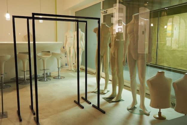 A retail store showcasing 3D body scanners in their fitting rooms. Customers are seen using the scanners to get their measurements taken.
