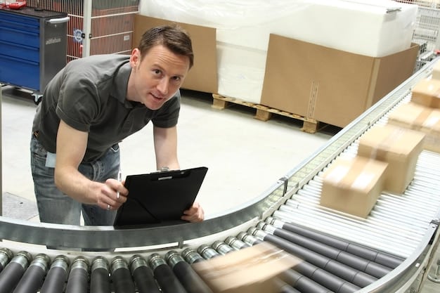 A technician adjusting a camera system positioned above a moving conveyor belt in a garment factory. The camera is focused on capturing high-resolution images of garments for AI-powered quality inspection.