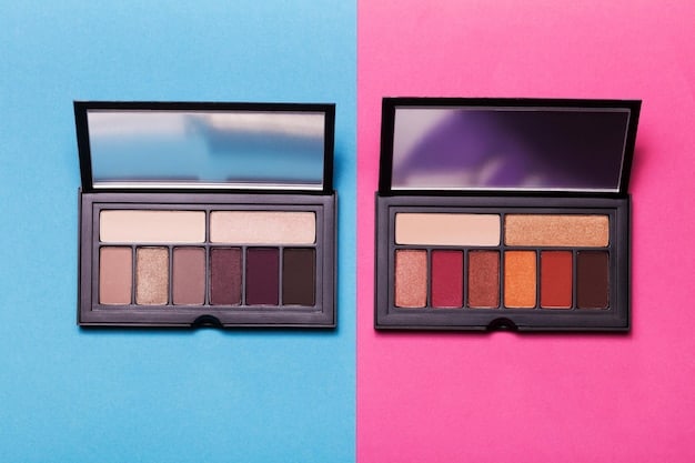 A split-screen image showing a side-by-side comparison. On one side, a Shein eyeshadow palette with a variety of bright and neutral shades. On the other side, a high-end eyeshadow palette from a well-known luxury brand. The palettes should be open, showcasing the colors and textures.
