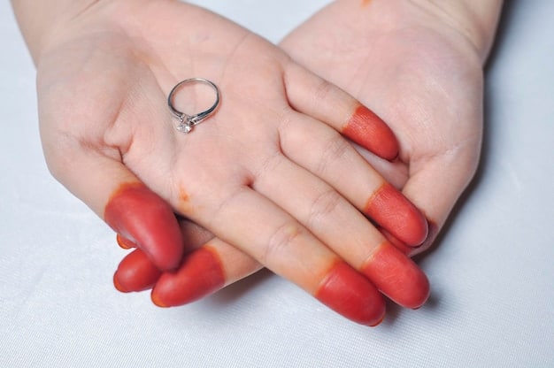 A close-up of a hand holding a Shein ring with visible skin irritation around the finger where the ring was worn. The skin is red and slightly inflamed.