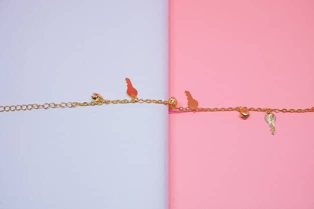 A split image showing one side with a tarnished Shein necklace and the other side showing the same necklace after being cleaned, looking shiny and new.