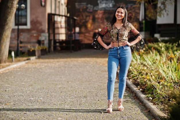 A woman walking down a city street wearing a Shein outfit, including high-waisted jeans, a tucked-in blouse, and sneakers. She is carrying a small backpack and wearing sunglasses, with a confident expression. The background shows a bustling city street with shops and cafes.