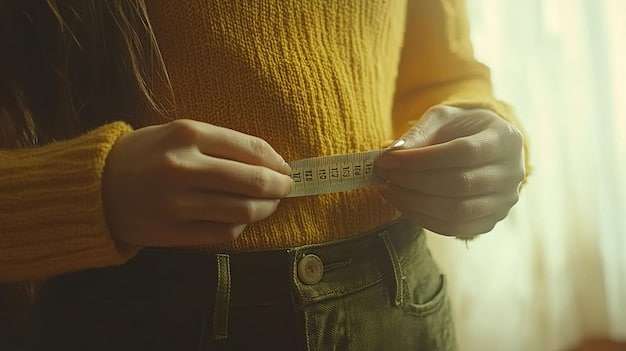 A close-up of someone measuring their waist with a measuring tape, ensuring it is snug but not too tight, emphasizing the importance of accurate placement and tension for precise measurements.
