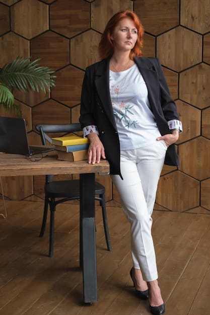 A woman in a modern office setting, wearing a business casual Shein outfit. The outfit consists of a white button-down shirt, tailored black pants, and pointed-toe heels. She also has a structured handbag and minimal jewelry, illustrating a professional yet stylish look.