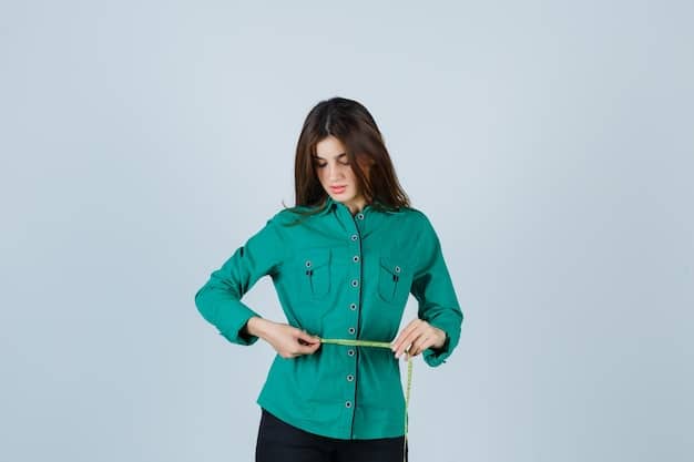 A woman is using a measuring tape to accurately measure her waist. The scene is well-lit, and the focus is on the measuring tape and her hands. This image emphasizes the importance of precise measurements when shopping online, especially on platforms like Shein.