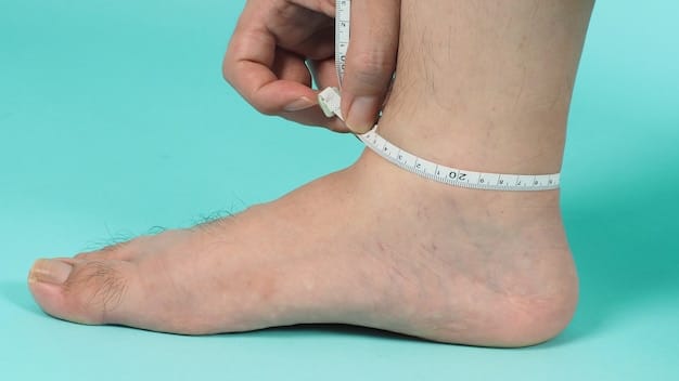 A close-up shot of a person measuring their foot with a ruler on a white paper. The ruler is placed along the length of the foot, from the heel to the longest toe. The paper also has a drawn outline of the foot.