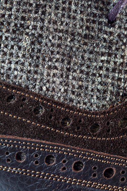 A split image showing close-ups of different shoe materials. On one side, there's a textured PU leather material, and on the other side, there's a breathable mesh fabric. The textures and weaves of the materials are clearly visible.