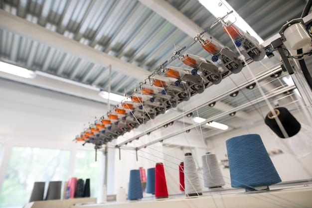 A bright, modern textile factory with rows of energy-efficient sewing machines and well-lit workspaces. Workers are diligently operating the machines, and large solar panels are visible on the roof, highlighting the commitment to sustainable production.
