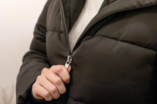 A close-up shot of a Shein puffer jacket showing the detailed stitching, high-quality zipper, and insulated lining. The focus is on the texture and materials, highlighting the jacket's ability to provide warmth and comfort.