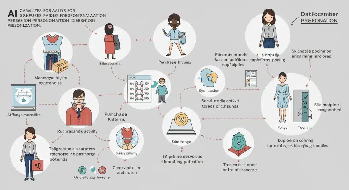 Infographic illustrating data points for AI fashion personalization, detailing customer behavior and trend analysis.