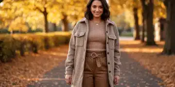 Woman modeling layered SHEIN autumn outfit with ribbed knit, shacket, wide-leg pants, and ankle boots.