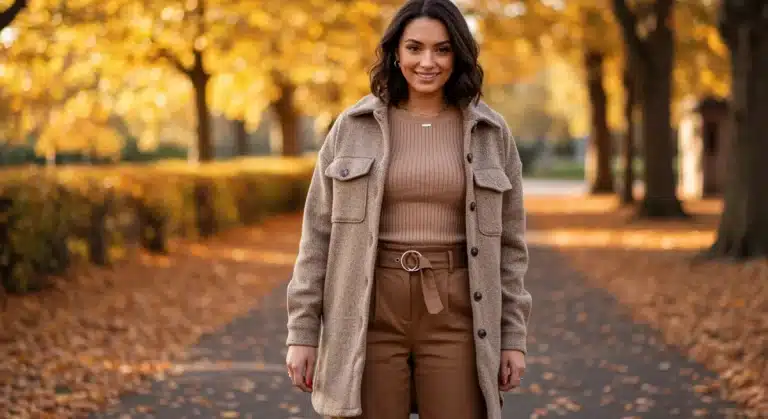 Woman modeling layered SHEIN autumn outfit with ribbed knit, shacket, wide-leg pants, and ankle boots.
