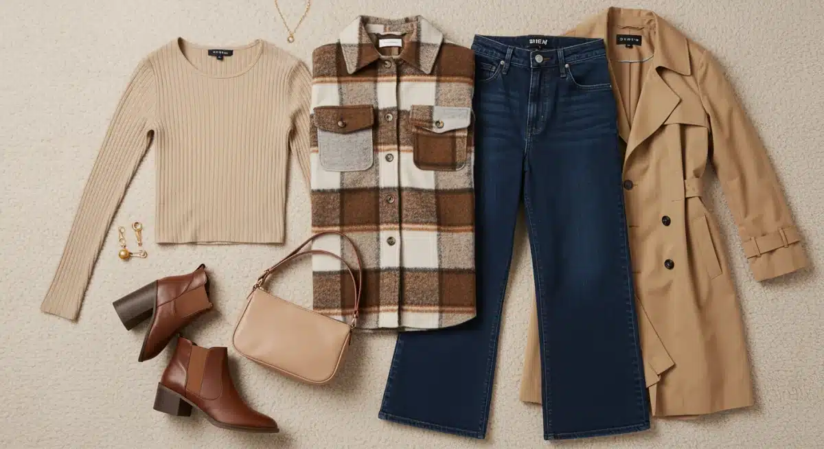 Flat lay of SHEIN autumn layering essentials including ribbed knit, shacket, wide-leg jeans, and trench coat.