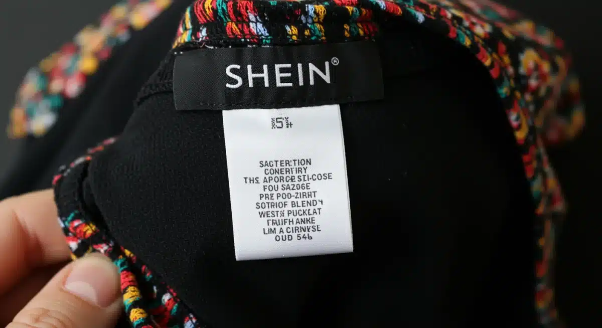Close-up of a Shein garment label with fabric composition and care instructions.