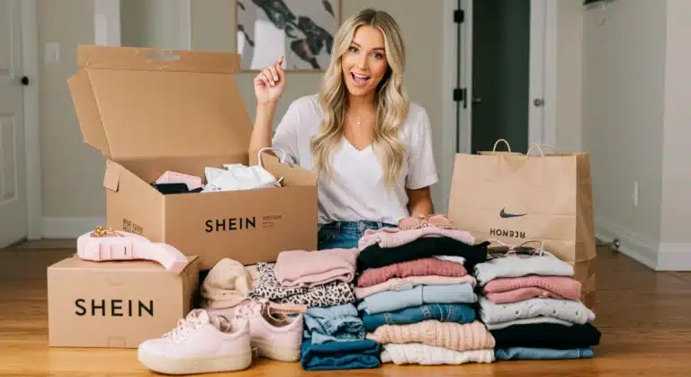 Young woman unboxing a large Shein haul with trendy clothes, smiling confidently.