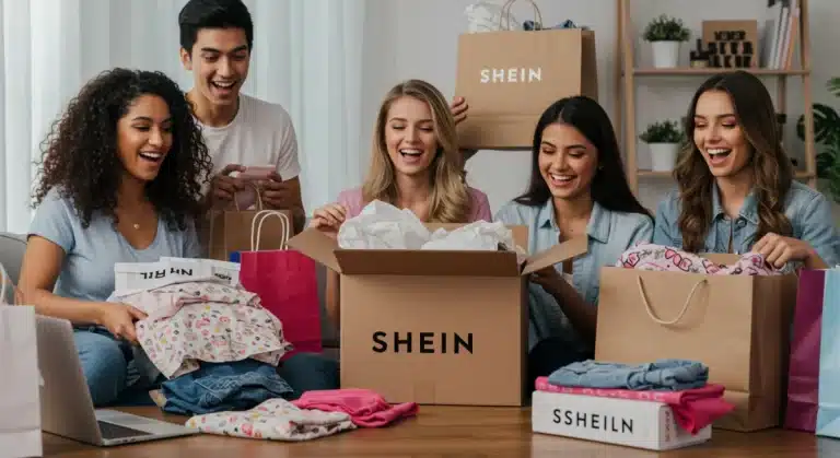 Young US shoppers unboxing Shein haul, illustrating affordable fashion and smart spending