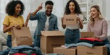 US shoppers unboxing Shein packages, highlighting new AI styling and transparency features for 2025.