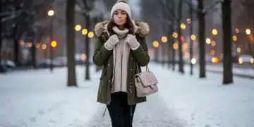 Woman in stylish SHEIN winter outfit, urban snowy scene