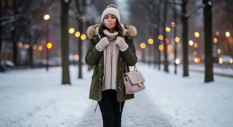 Woman in stylish SHEIN winter outfit, urban snowy scene