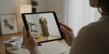 Woman trying on clothes virtually with augmented reality app on tablet