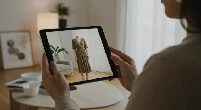 Woman trying on clothes virtually with augmented reality app on tablet