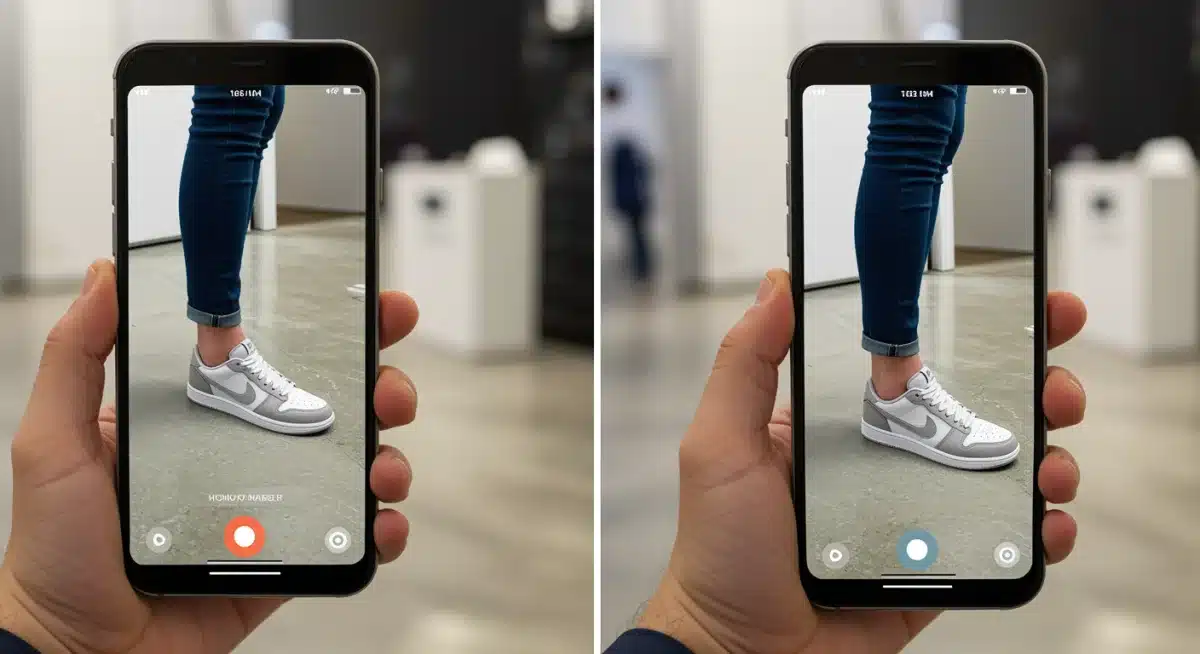 Customer using AR try-on for sneakers on smartphone in a modern store