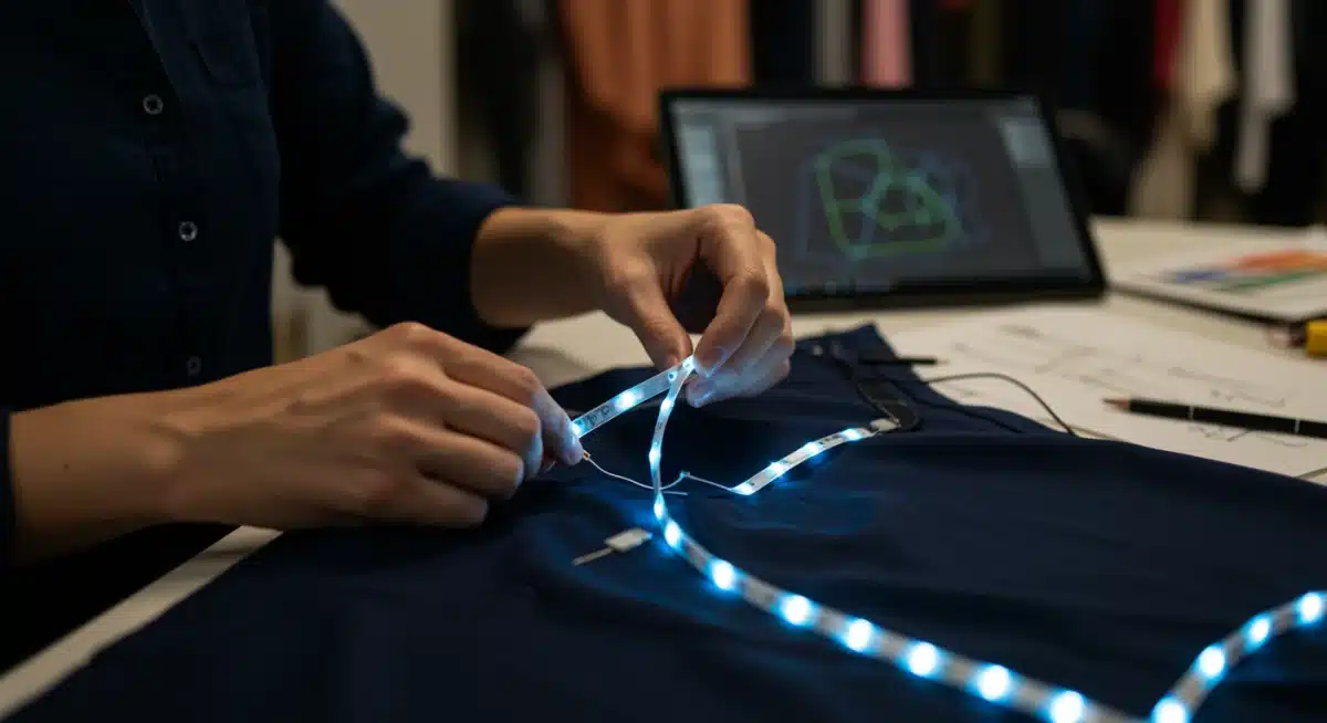US fashion designer integrating flexible LED strips and sensors into a garment, showcasing wearable tech development.