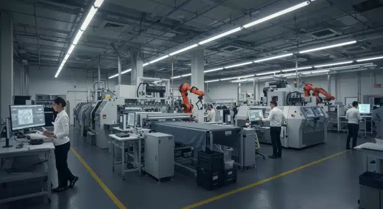 Futuristic US fashion factory with advanced textile machinery