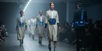 Models on a runway showcasing wearable tech fashion, blending futuristic design with sophisticated style.