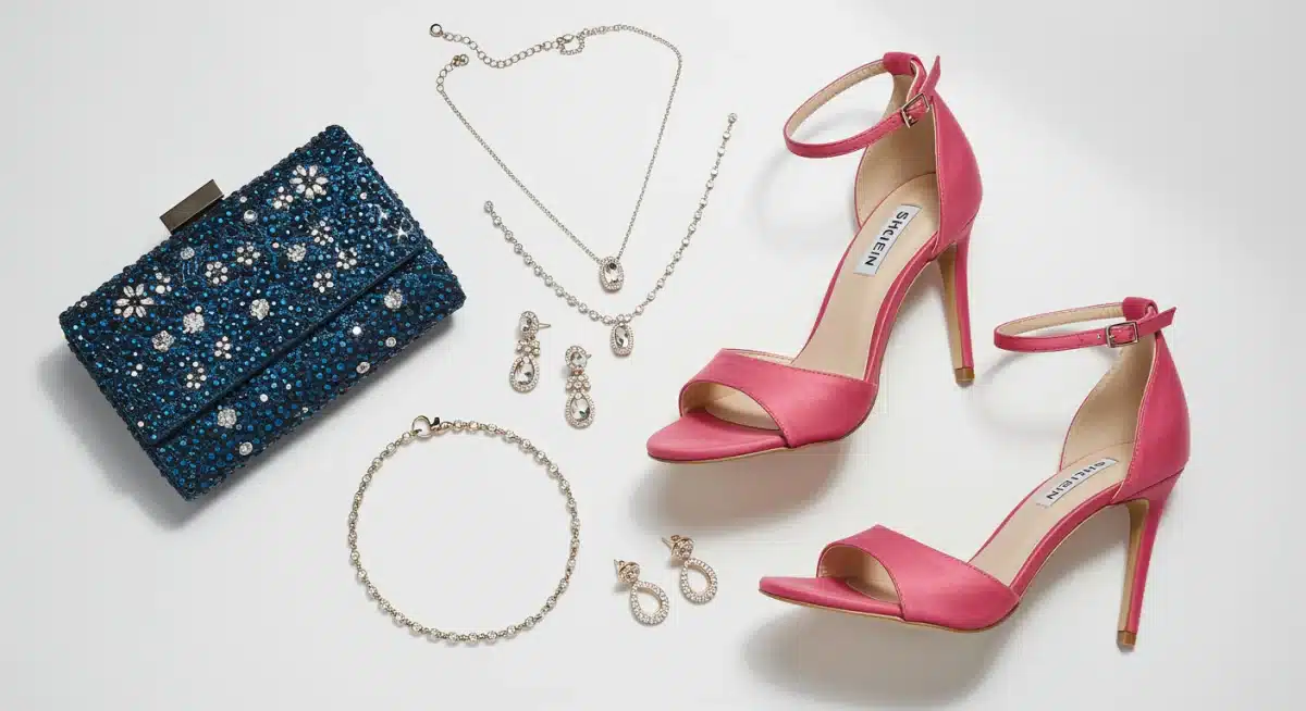 Glamorous accessories for a SHEIN holiday dress ensemble, enhancing red carpet impact.
